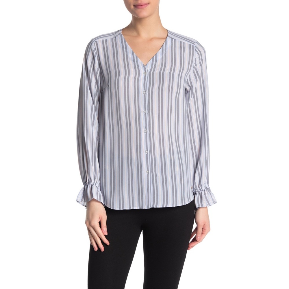 T TAHARI | Striped Button Front Blouse | S